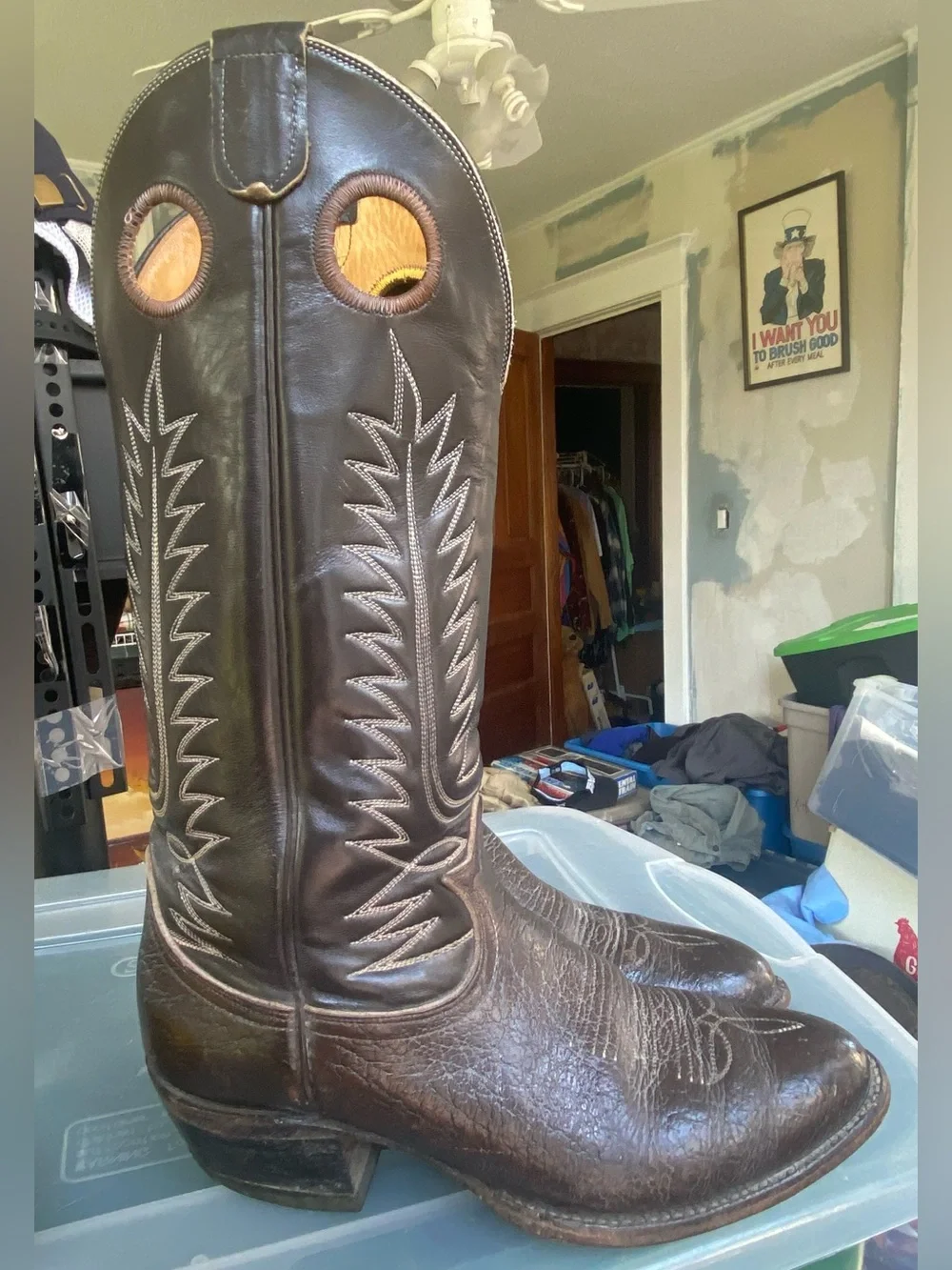 Men's Tony Lama 6218 Buckaroo Caribou Leather Brown Tall Western Cowboy USA 8.5D